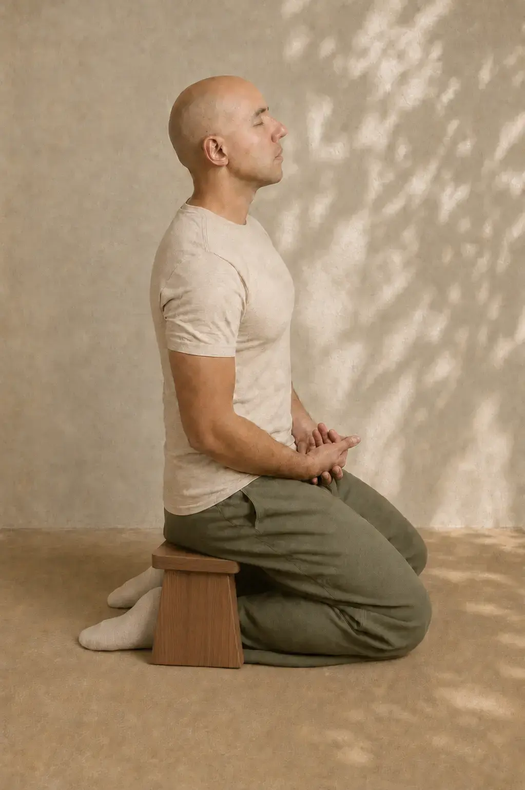 Juan José Pino practicando meditación sentado en un banco seiza